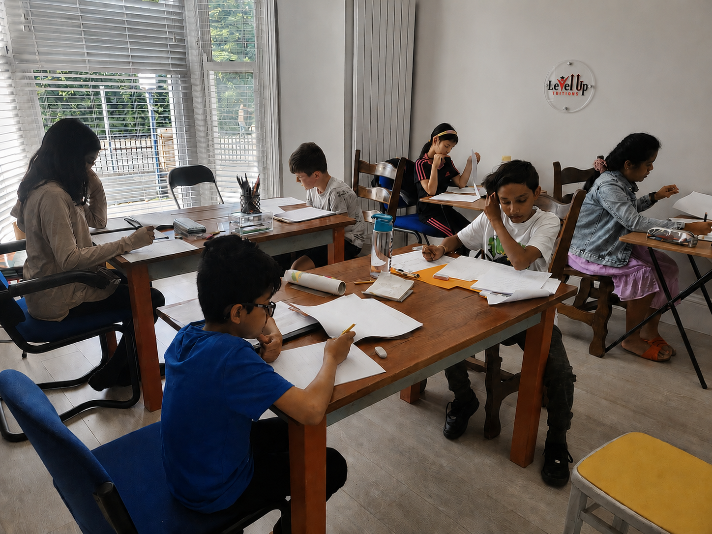 Children completing a mock test at Level Up Tuitions