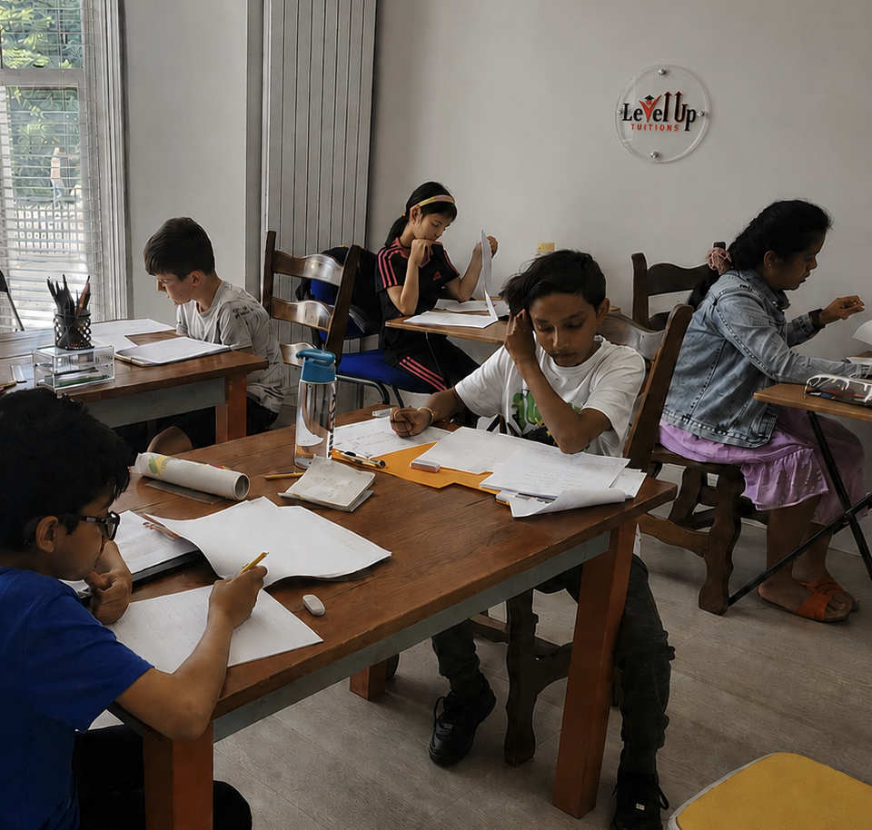 Children completing a mock test at Level Up Tuitions